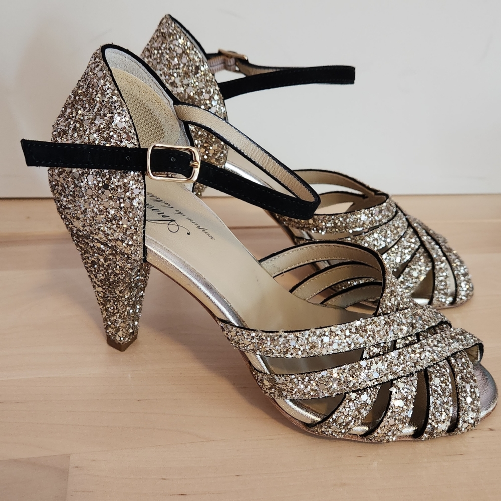 COPY - Anniel Gold Glitter Heels Ankle Strap Gatsby 1920s Inspired size 35